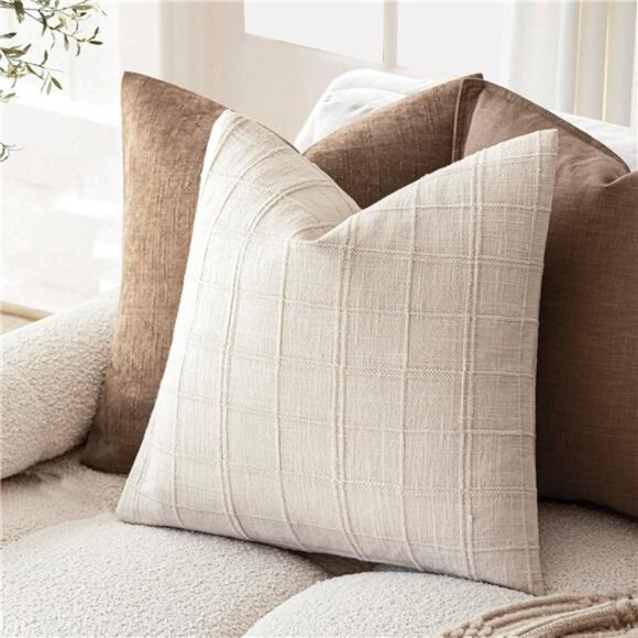 Set of 2 Decorative Linen Check Throw Pillow Covers Neutral - Picture 5 of 8
